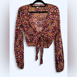 Billabong pink and orange tropical fractal print long sleeve tie front blouse M